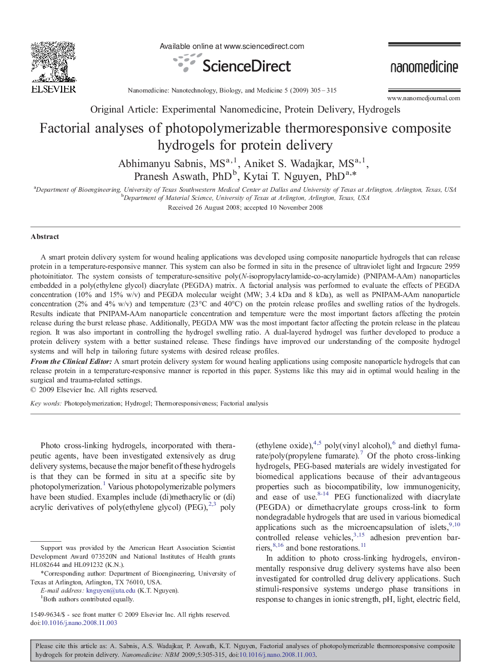 Factorial analyses of photopolymerizable thermoresponsive composite hydrogels for protein delivery 