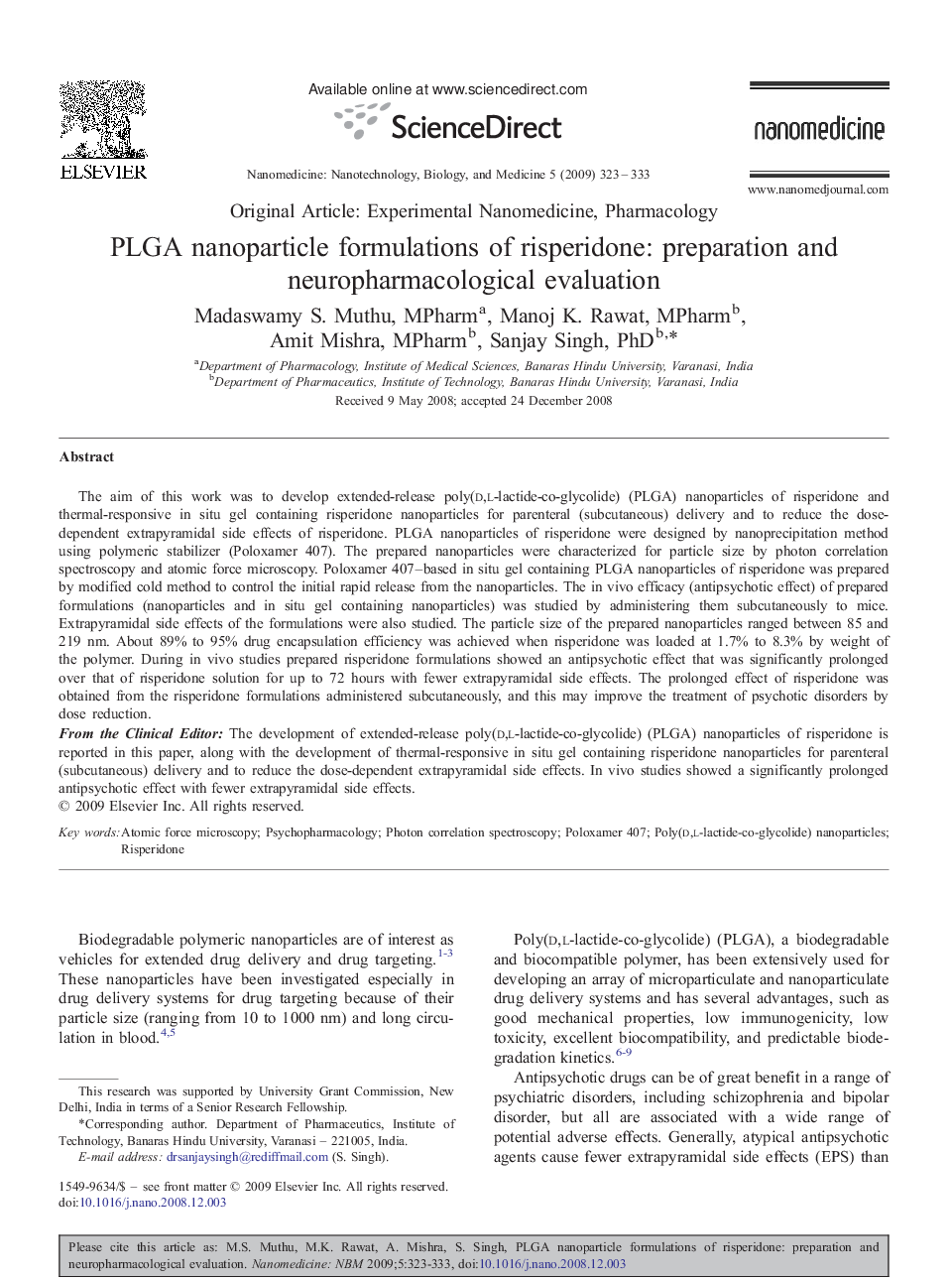 عکس صفحه اول مقاله: PLGA nanoparticle formulations of risperidone: preparation and neuropharmacological evaluation PLGA nanoparticle formulations of risperidone: preparation and neuropharmacological evaluation