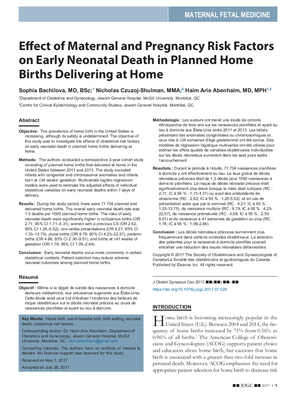تاثیر عوامل خطر مادری و بارداری بر مرگ زودرس نوزادان در خانه های برنامه ریزی شده زایمان در خانه 