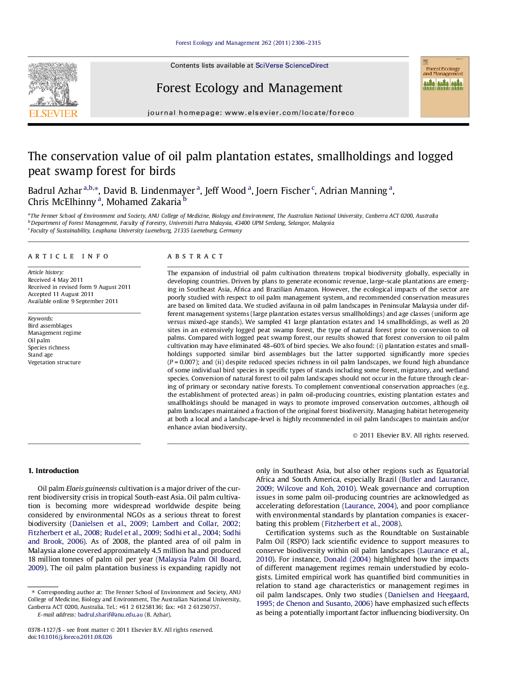 The conservation value of oil palm plantation estates, smallholdings and logged peat swamp forest for birds