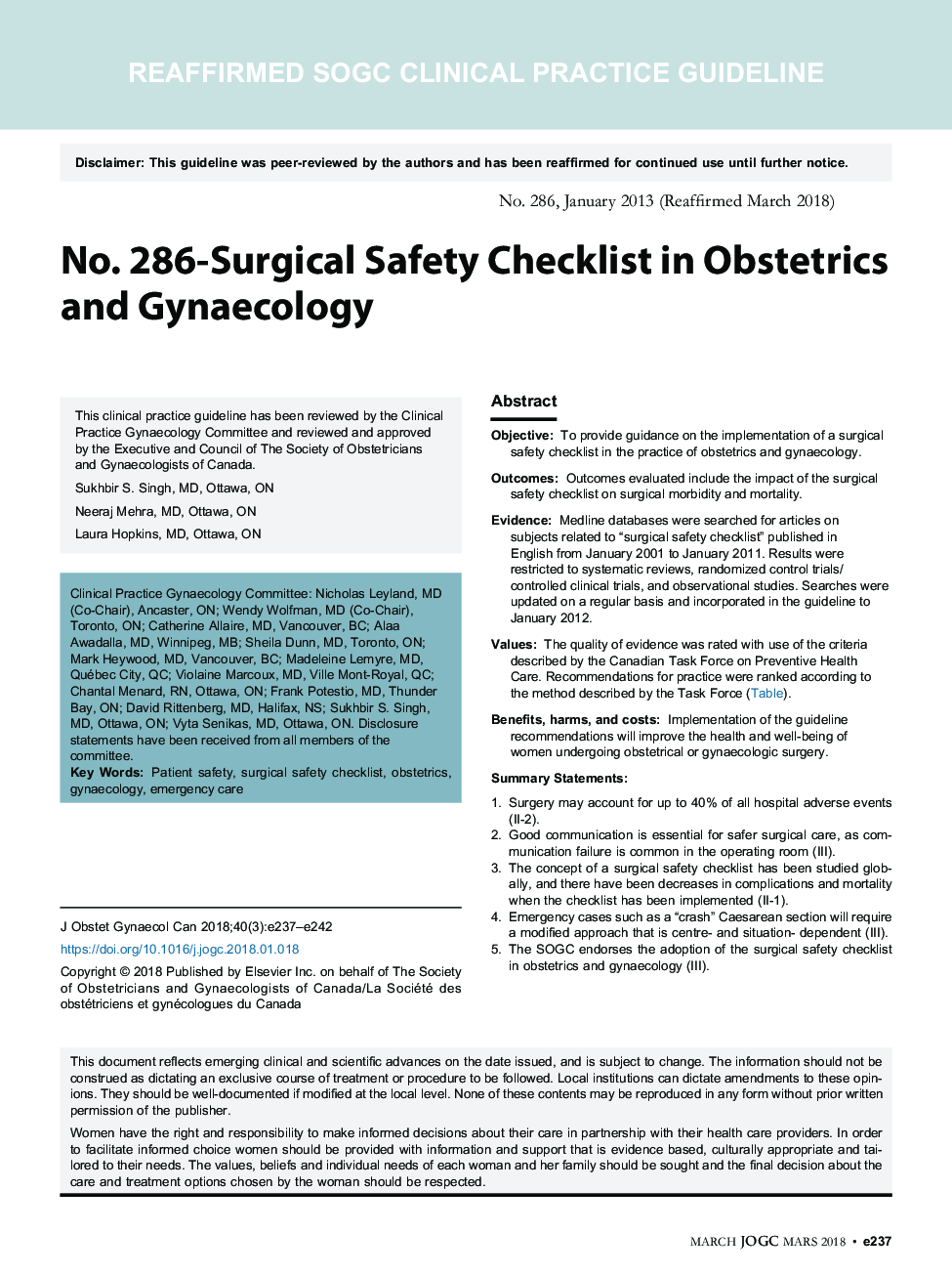 No. 286-Surgical Safety Checklist in Obstetrics and Gynaecology