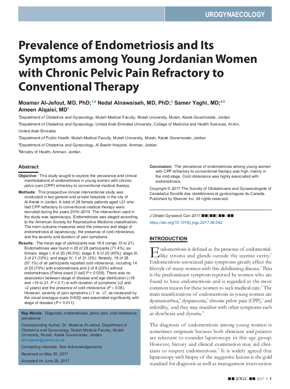 شیوع آندومتریوز و علایم آن در زنان جوان اردن با درد مزمن لگنی مقاوم به درمان متعارف 