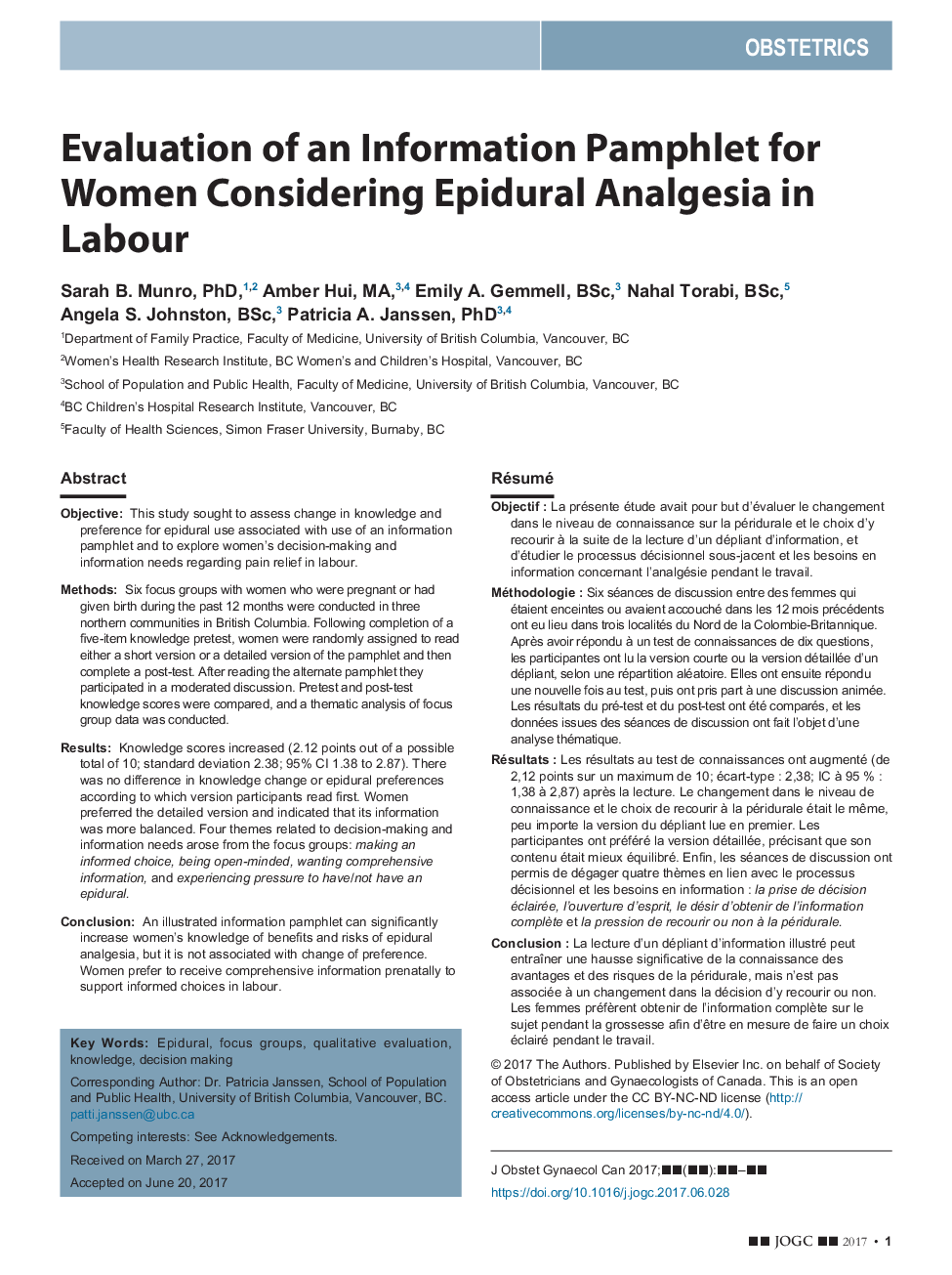Evaluation of an Information Pamphlet for Women Considering Epidural Analgesia in Labour