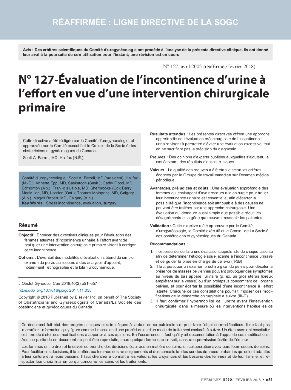 No 127-Ãvaluation de l'incontinence d'urine Ã  l'effort en vue d'une intervention chirurgicale primaire