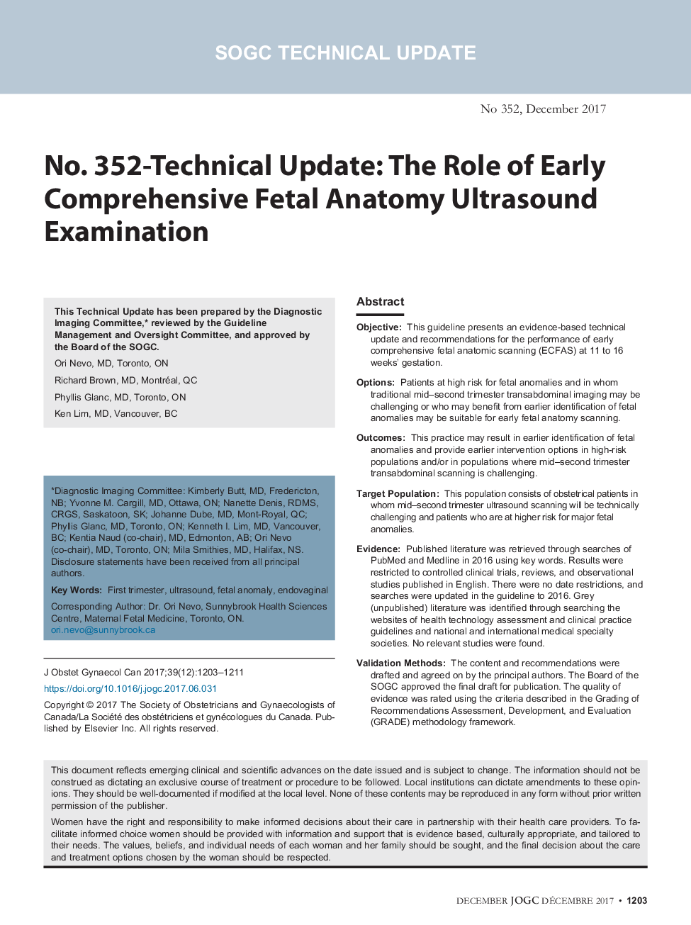 No. 352-Technical Update: The Role of Early Comprehensive Fetal Anatomy Ultrasound Examination