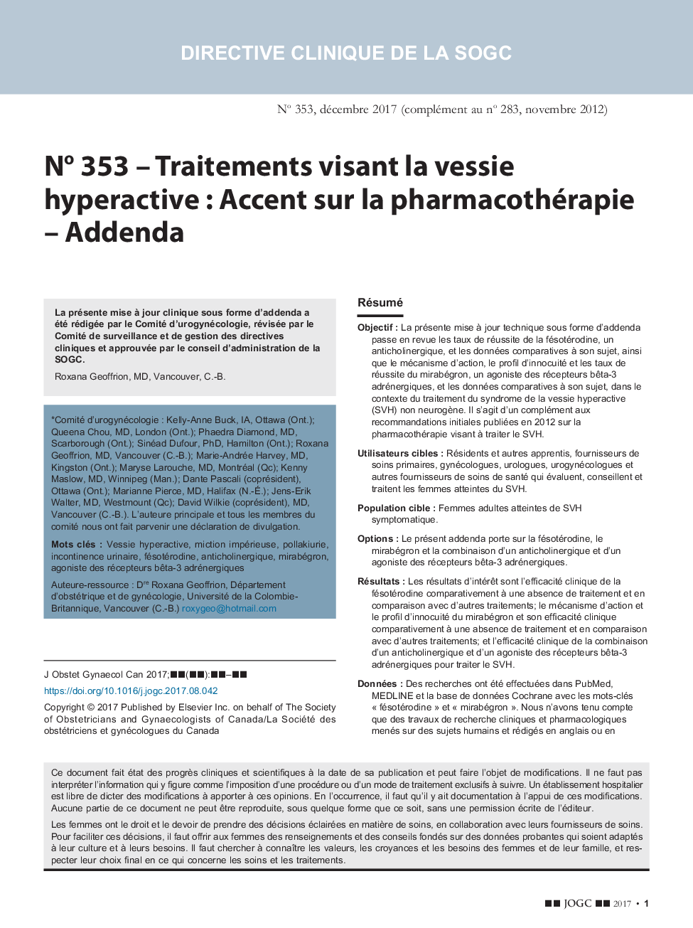 No 353 - Traitements visant la vessie hyperactive : Accent sur la pharmacothérapie - Addenda