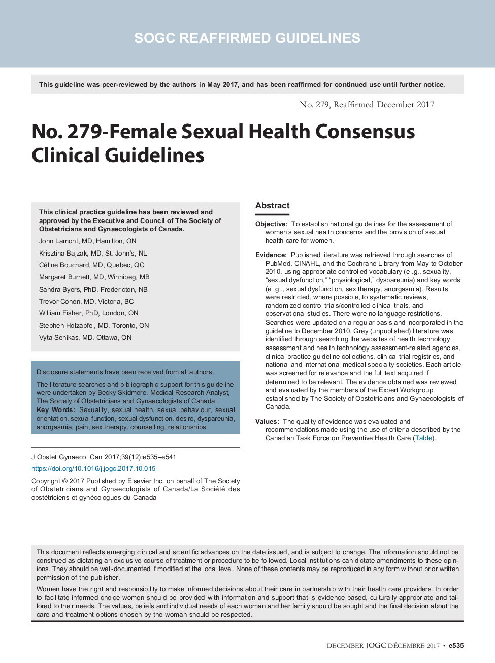 شماره 279- دستورالعمل های بالینی در مورد توافق بهداشتی جنسی زنان 