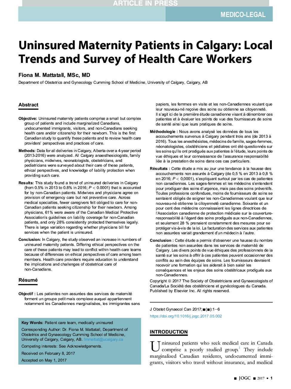 Uninsured Maternity Patients in Calgary: Local Trends and Survey of Health Care Workers