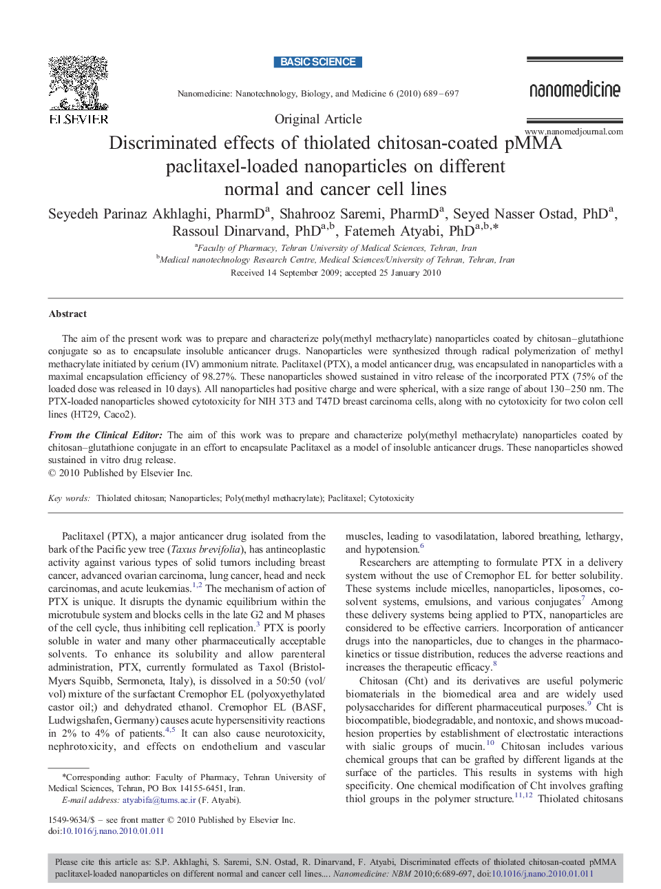 عکس صفحه اول مقاله: Discriminated effects of thiolated chitosan-coated pMMA paclitaxel-loaded nanoparticles on different normal and cancer cell lines Discriminated effects of thiolated chitosan-coated pMMA paclitaxel-loaded nanoparticles on different normal and cancer cell lines