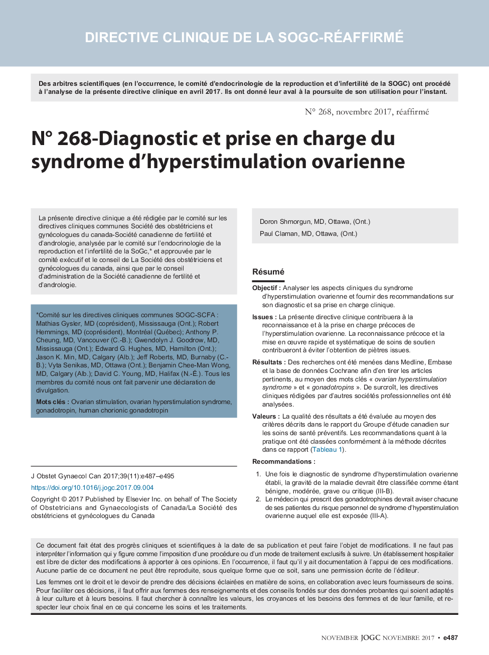 NÂ° 268-Diagnostic et prise en charge du syndrome d'hyperstimulation ovarienne