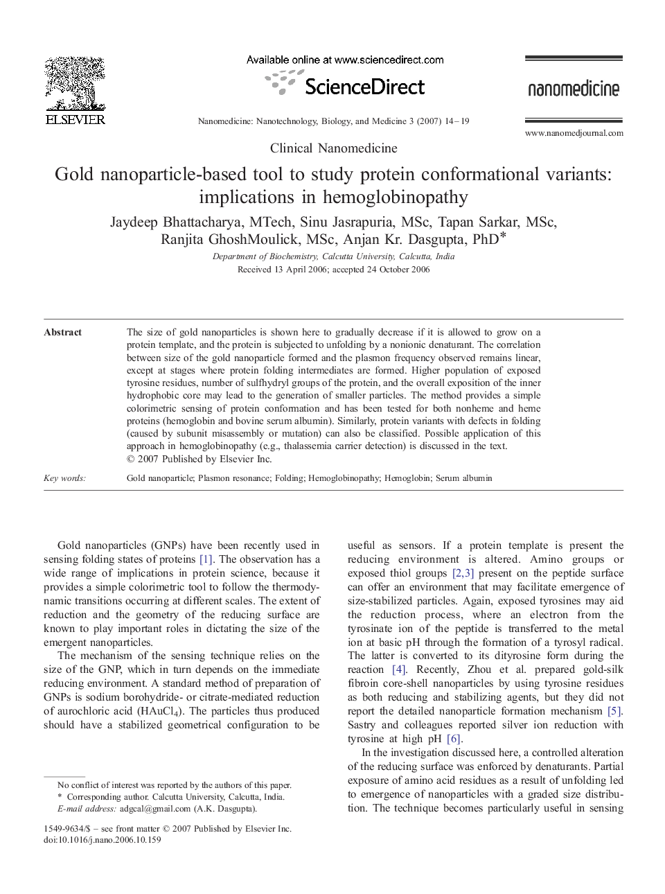 Gold nanoparticle-based tool to study protein conformational variants: implications in hemoglobinopathy 