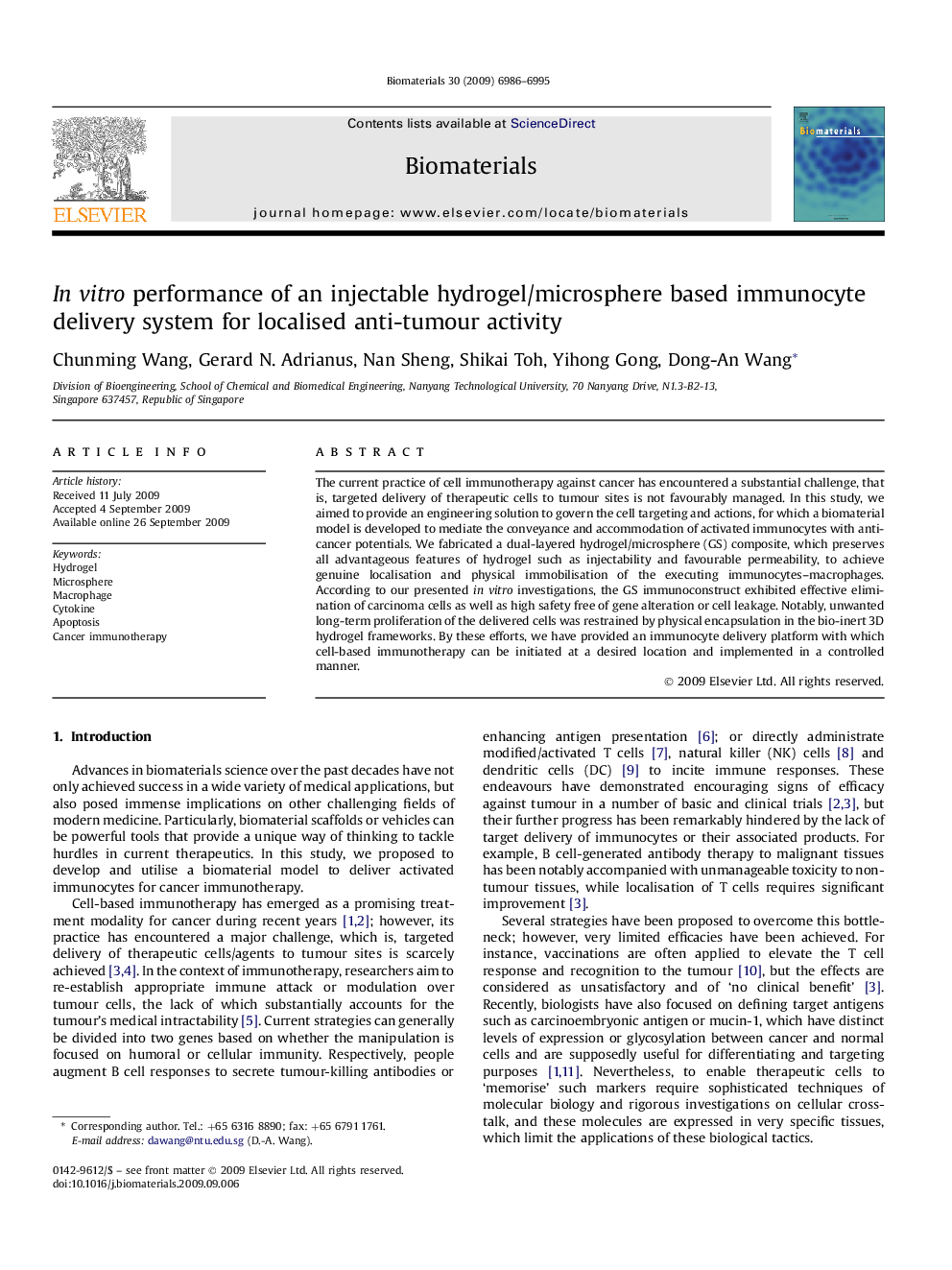 In vitro performance of an injectable hydrogel/microsphere based immunocyte delivery system for localised anti-tumour activity