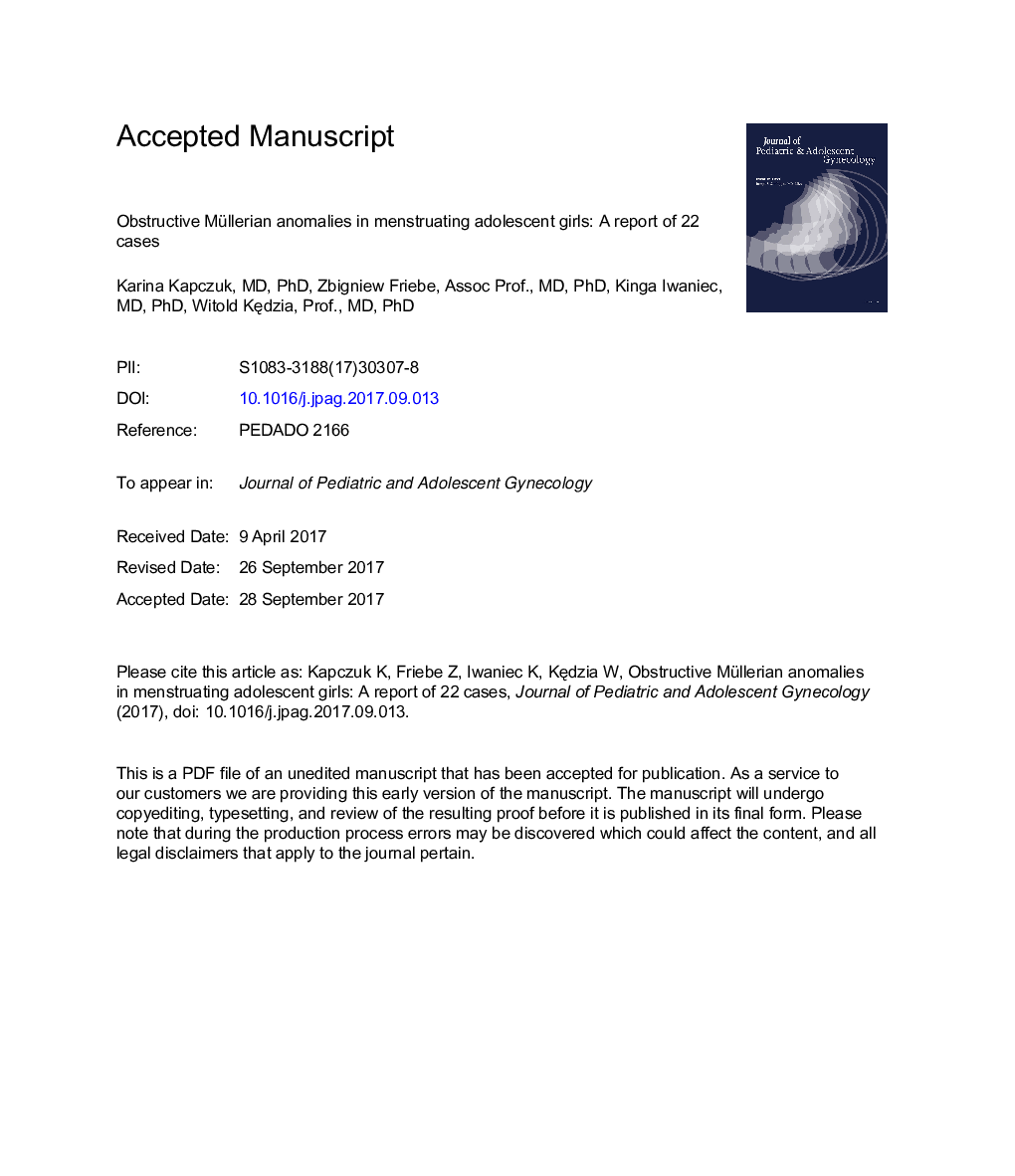 Obstructive Müllerian Anomalies in Menstruating Adolescent Girls: A Report of 22 Cases