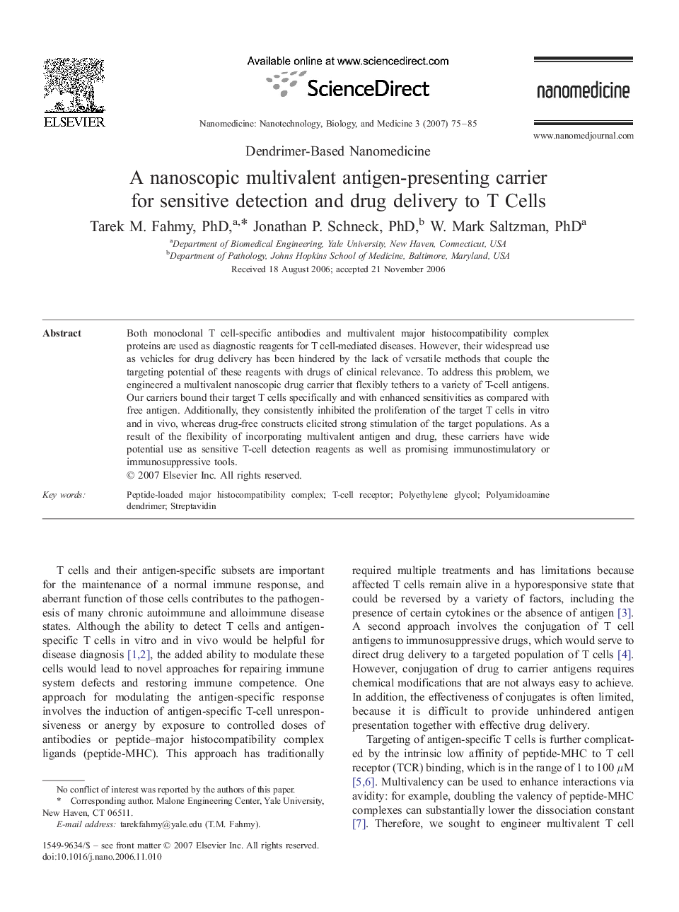 A nanoscopic multivalent antigen-presenting carrier for sensitive detection and drug delivery to T Cells 