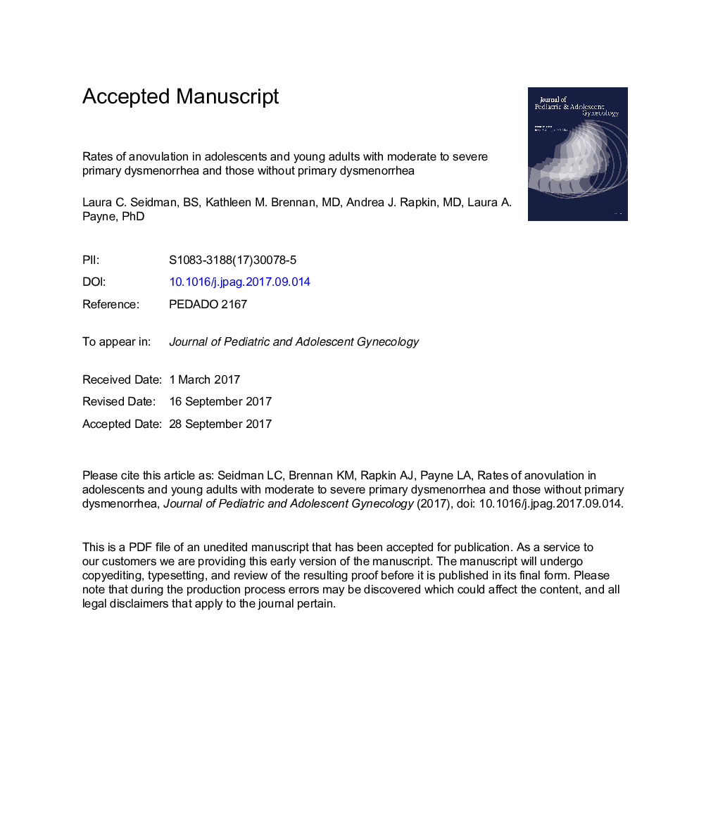 Rates of Anovulation in Adolescents and Young Adults with Moderate to Severe Primary Dysmenorrhea and Those without Primary Dysmenorrhea