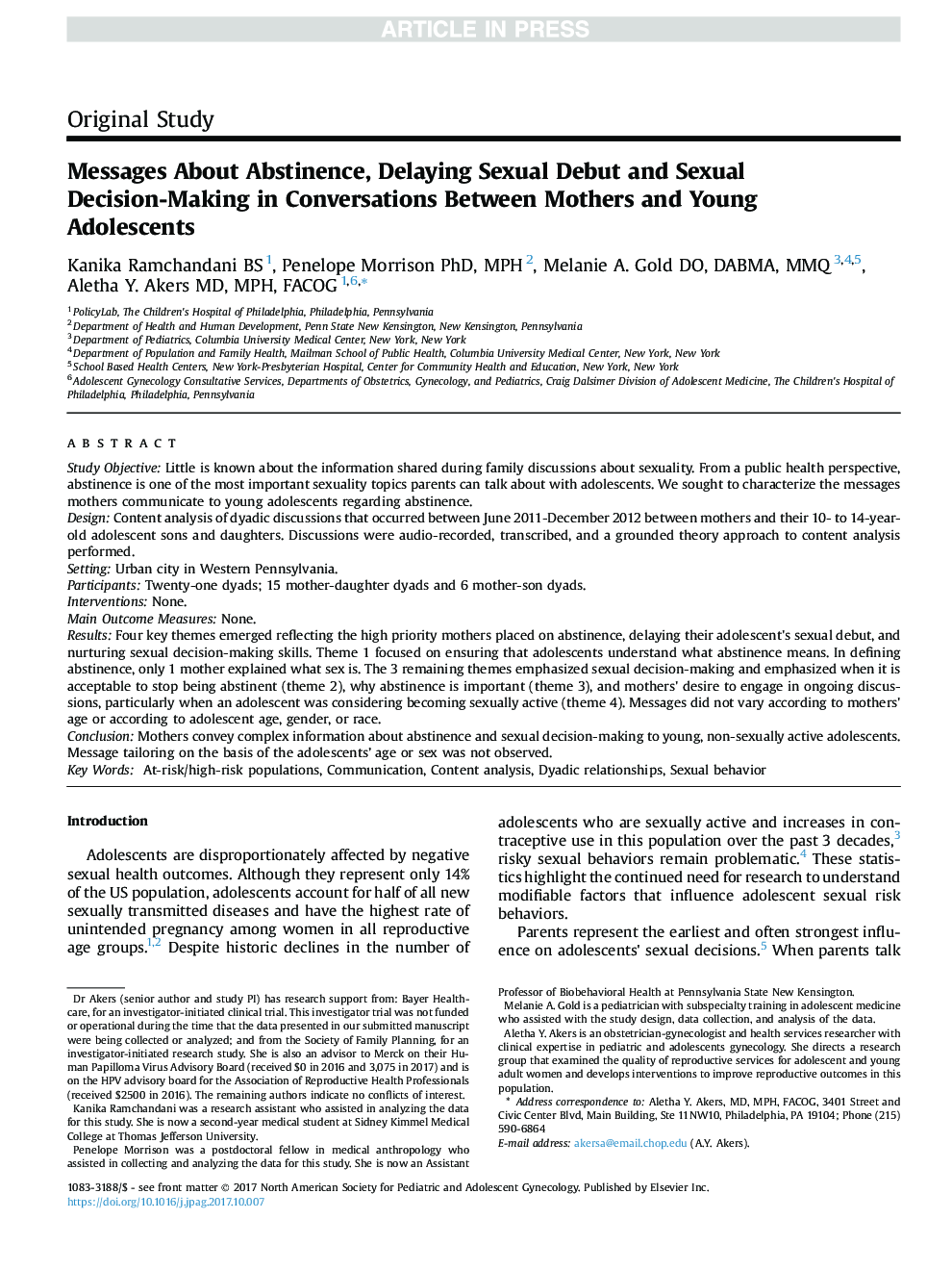 Messages About Abstinence, Delaying Sexual Debut and Sexual Decision-Making in Conversations Between Mothers and Young Adolescents