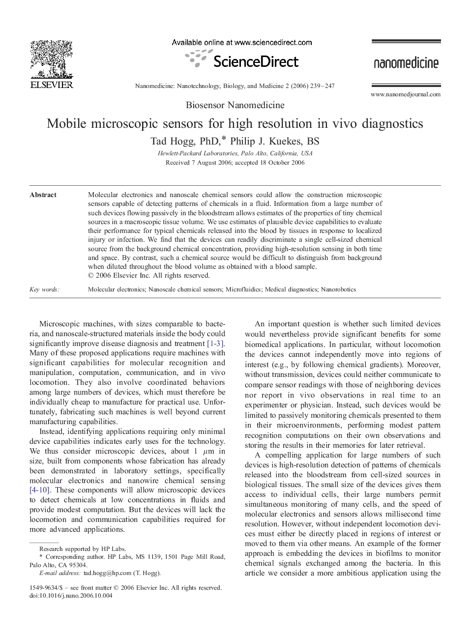 Mobile microscopic sensors for high resolution in vivo diagnostics 