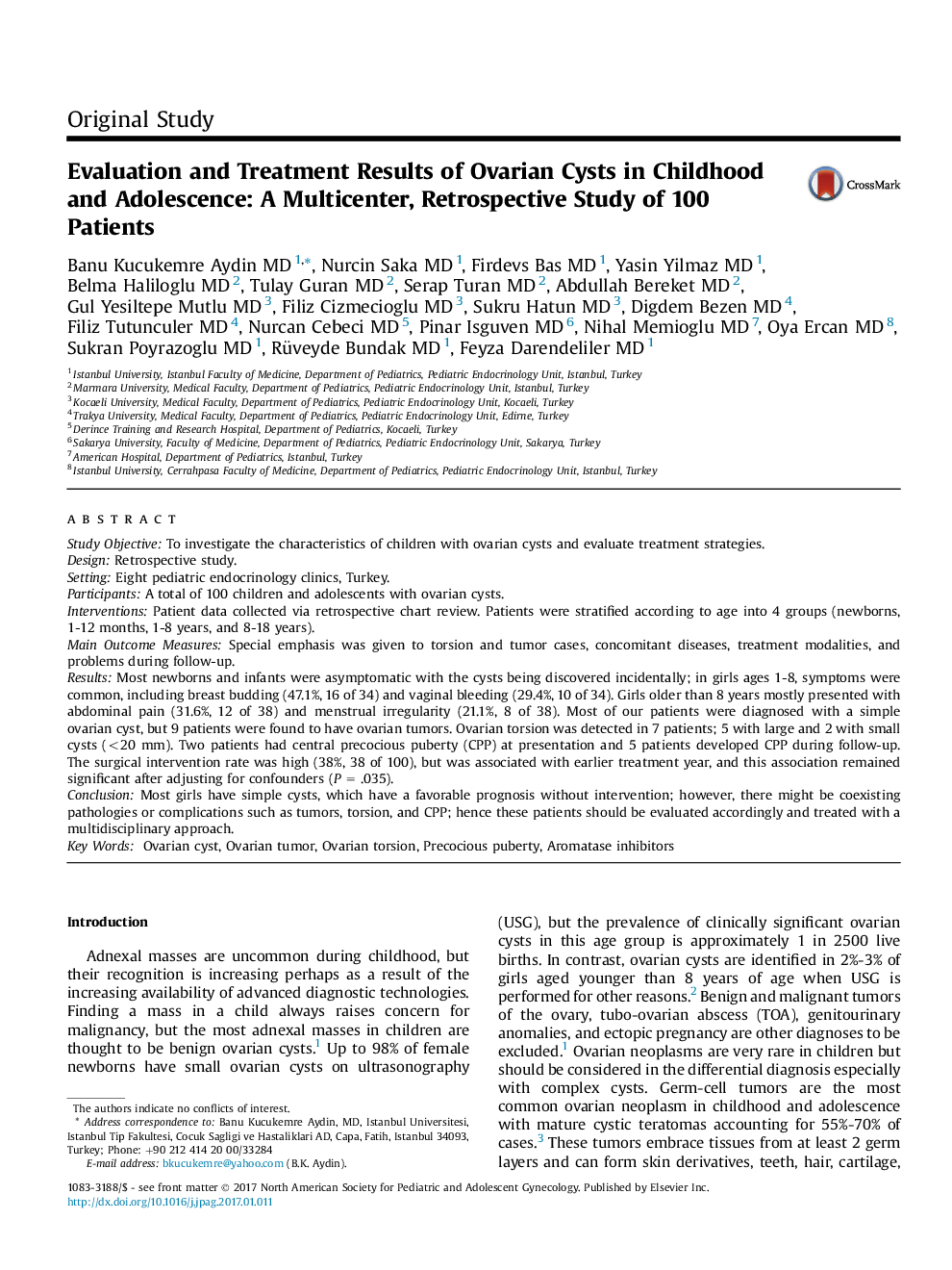 ارزیابی و درمان نتایج کیست های تخمدان در دوران کودکی و نوجوانی: یک مطالعه چند ساله، یکپارچه سازی 100 بیمار 