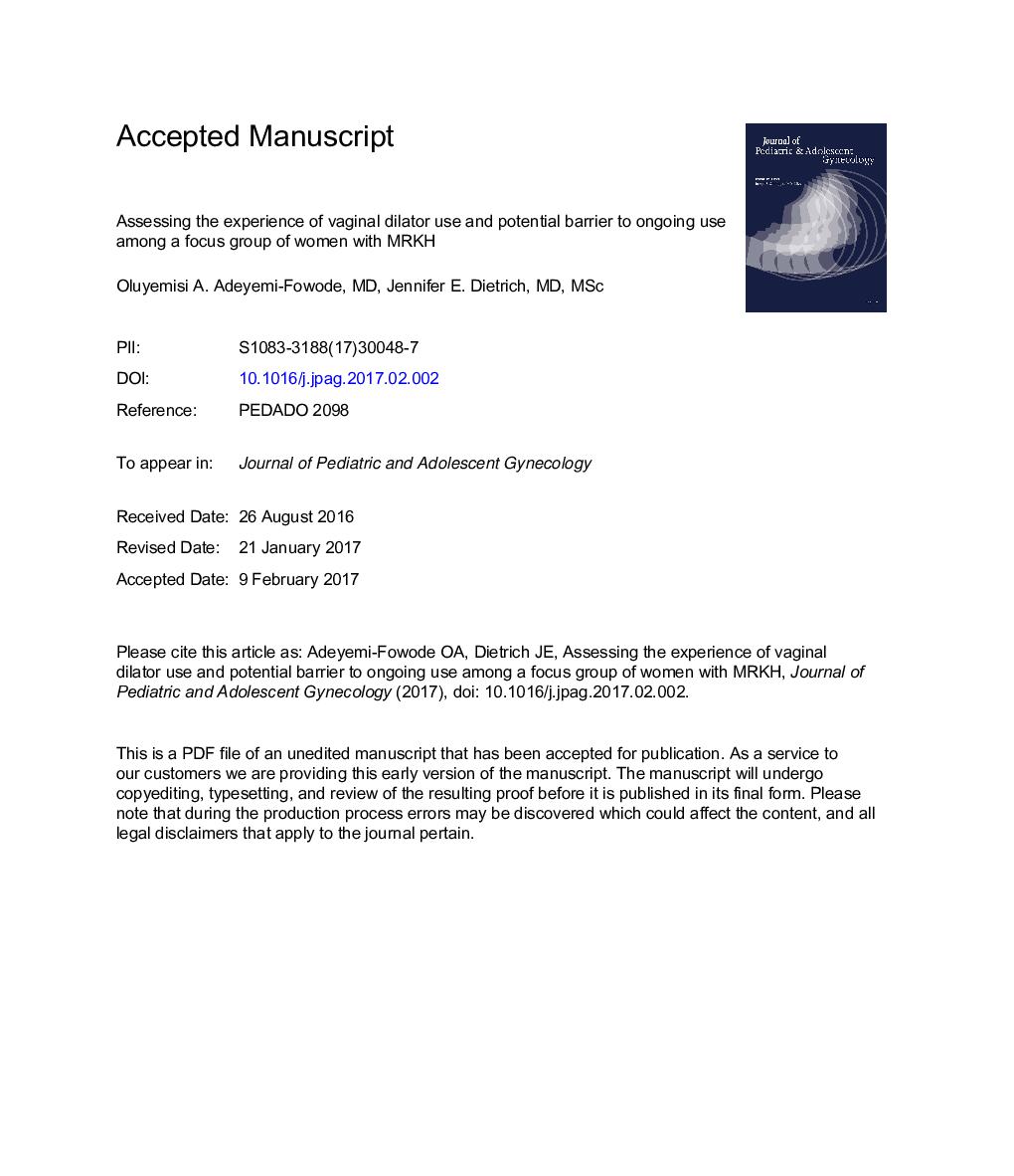 Assessing the Experience of Vaginal Dilator Use and Potential Barriers to Ongoing Use among a Focus Group of Women with Mayer-Rokitansky-Küster-Hauser Syndrome