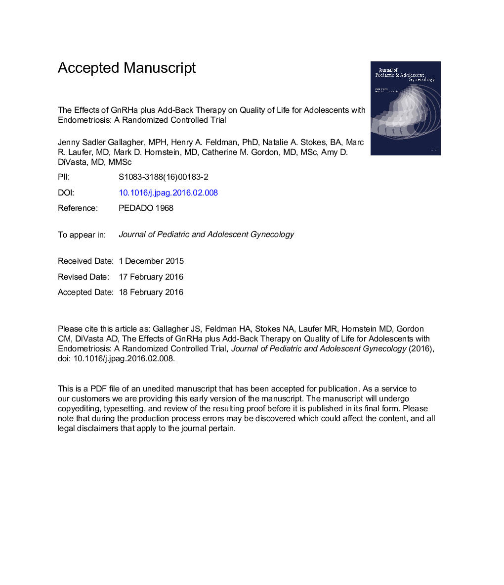 The Effects of Gonadotropin-Releasing Hormone Agonist Combined with Add-Back Therapy on Quality of Life for Adolescents with Endometriosis: A Randomized Controlled Trial