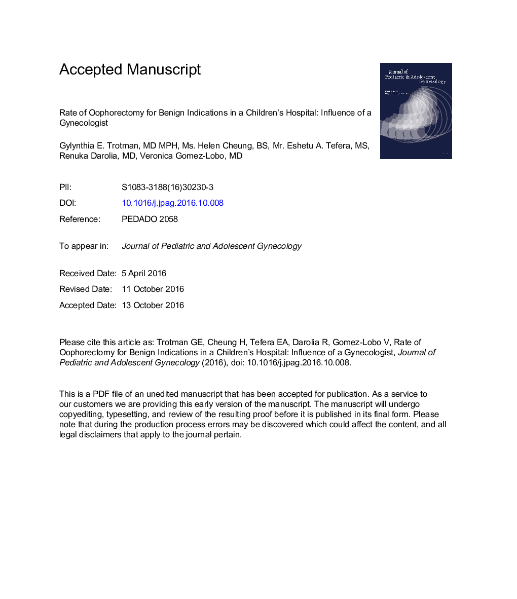 Rate of Oophorectomy for Benign Indications in a Children's Hospital: Influence of a Gynecologist
