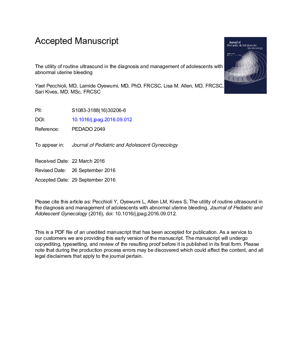 The Utility of Routine Ultrasound in the Diagnosis and Management of Adolescents with Abnormal Uterine Bleeding