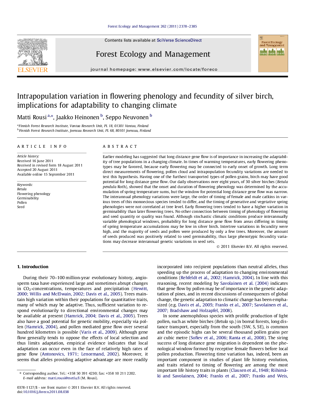 Intrapopulation variation in flowering phenology and fecundity of silver birch, implications for adaptability to changing climate