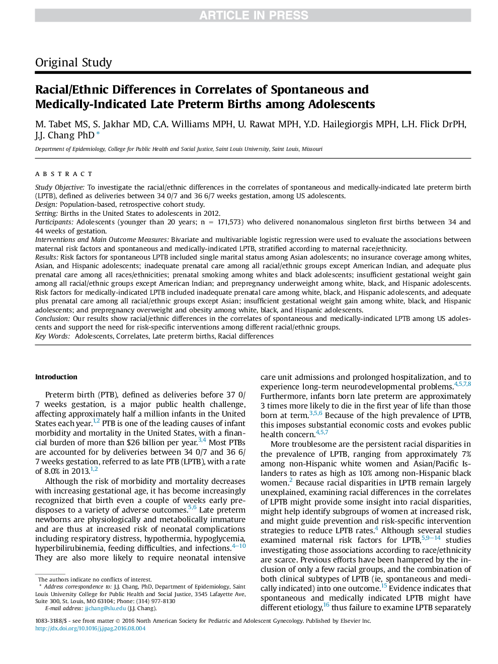 Racial/Ethnic Differences in Correlates of Spontaneous and Medically-Indicated Late Preterm Births among Adolescents