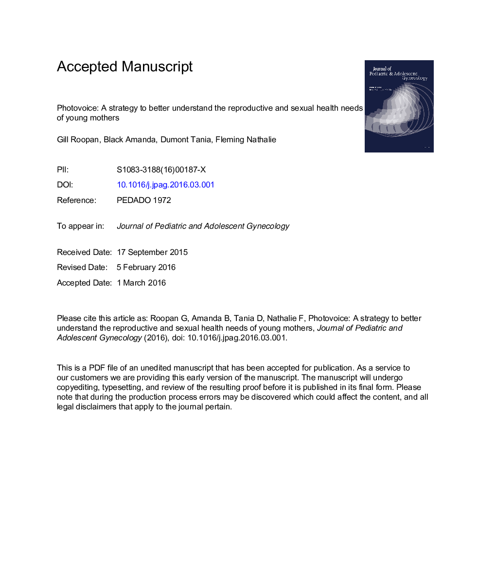 عکس صفحه اول مقاله: Photovoice: A Strategy to Better Understand the Reproductive and Sexual Health Needs of Young Mothers Photovoice: A Strategy to Better Understand the Reproductive and Sexual Health Needs of Young Mothers