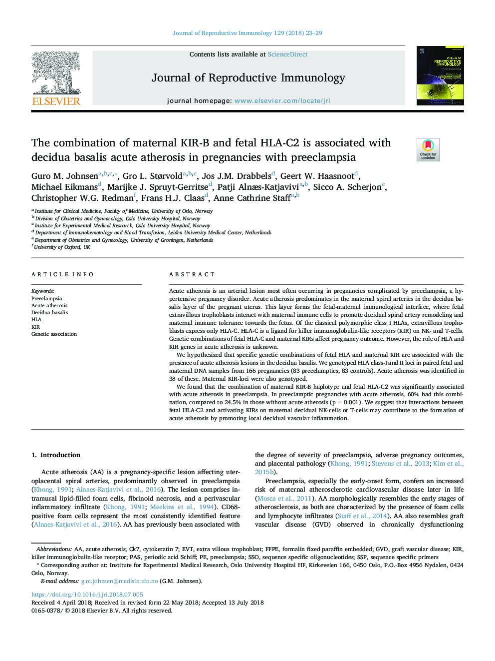 The combination of maternal KIR-B and fetal HLA-C2 is associated with decidua basalis acute atherosis in pregnancies with preeclampsia