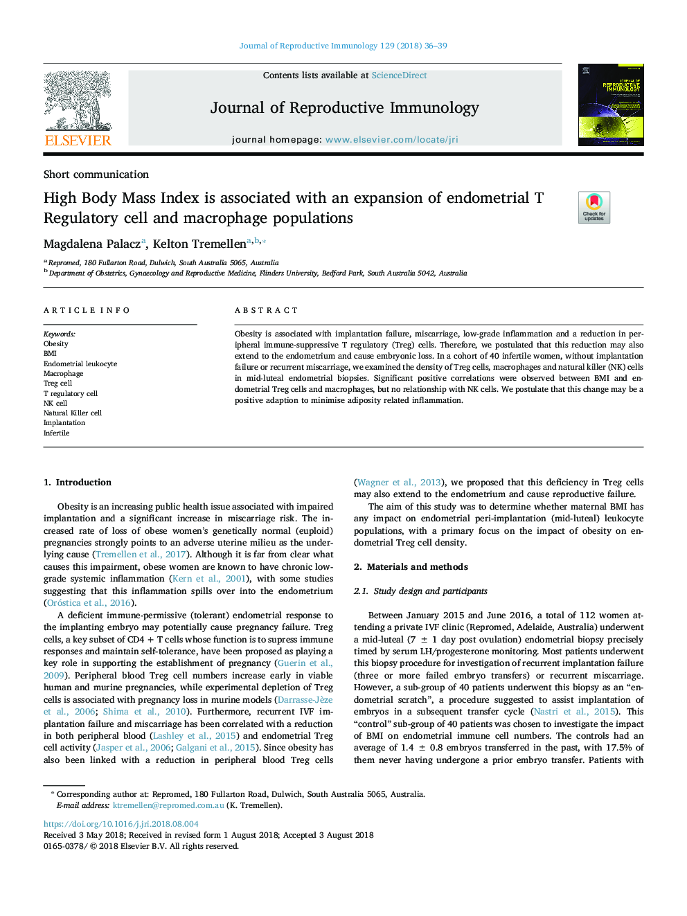 High Body Mass Index is associated with an expansion of endometrial T Regulatory cell and macrophage populations