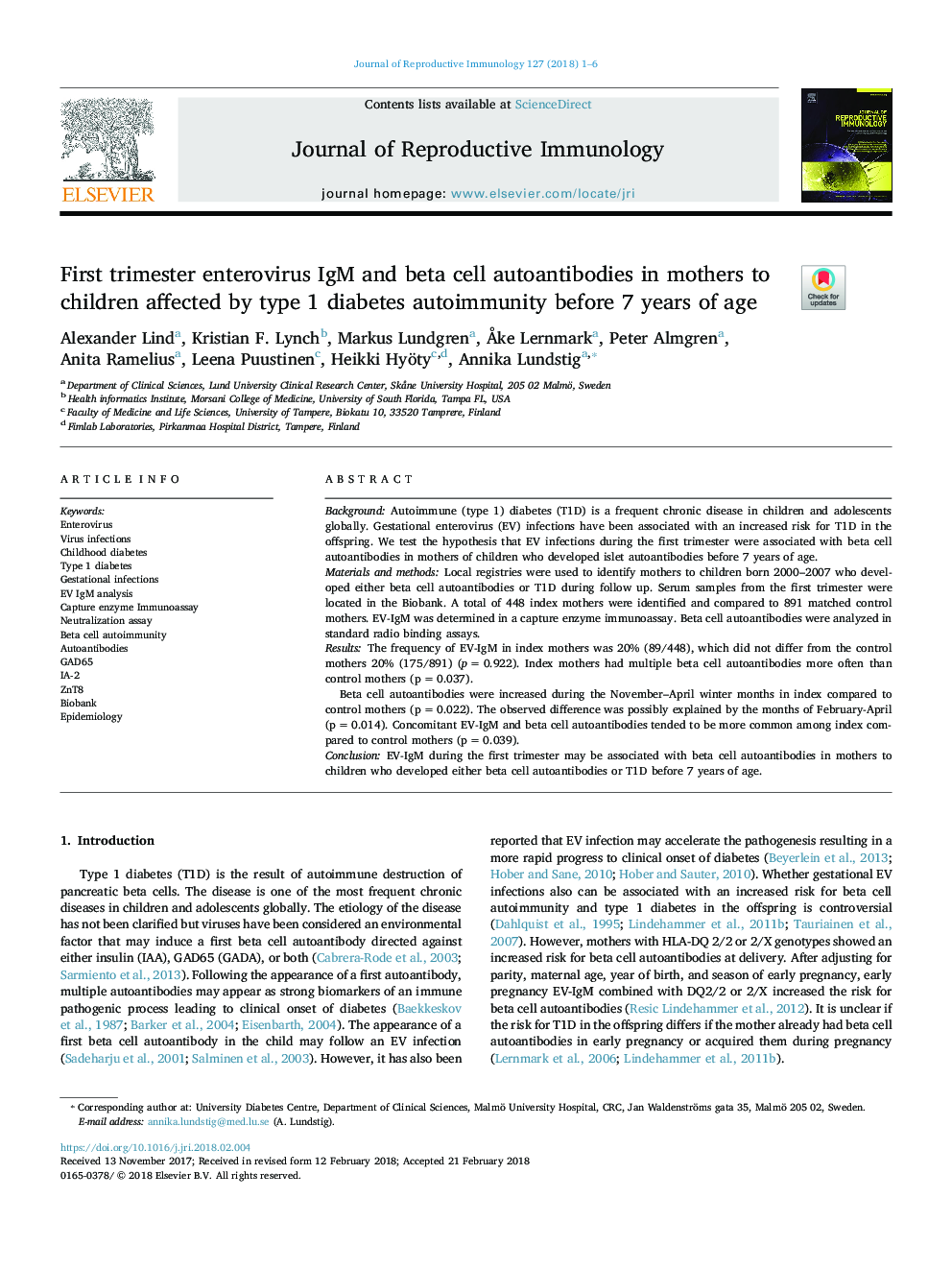 First trimester enterovirus IgM and beta cell autoantibodies in mothers to children affected by type 1 diabetes autoimmunity before 7 years of age