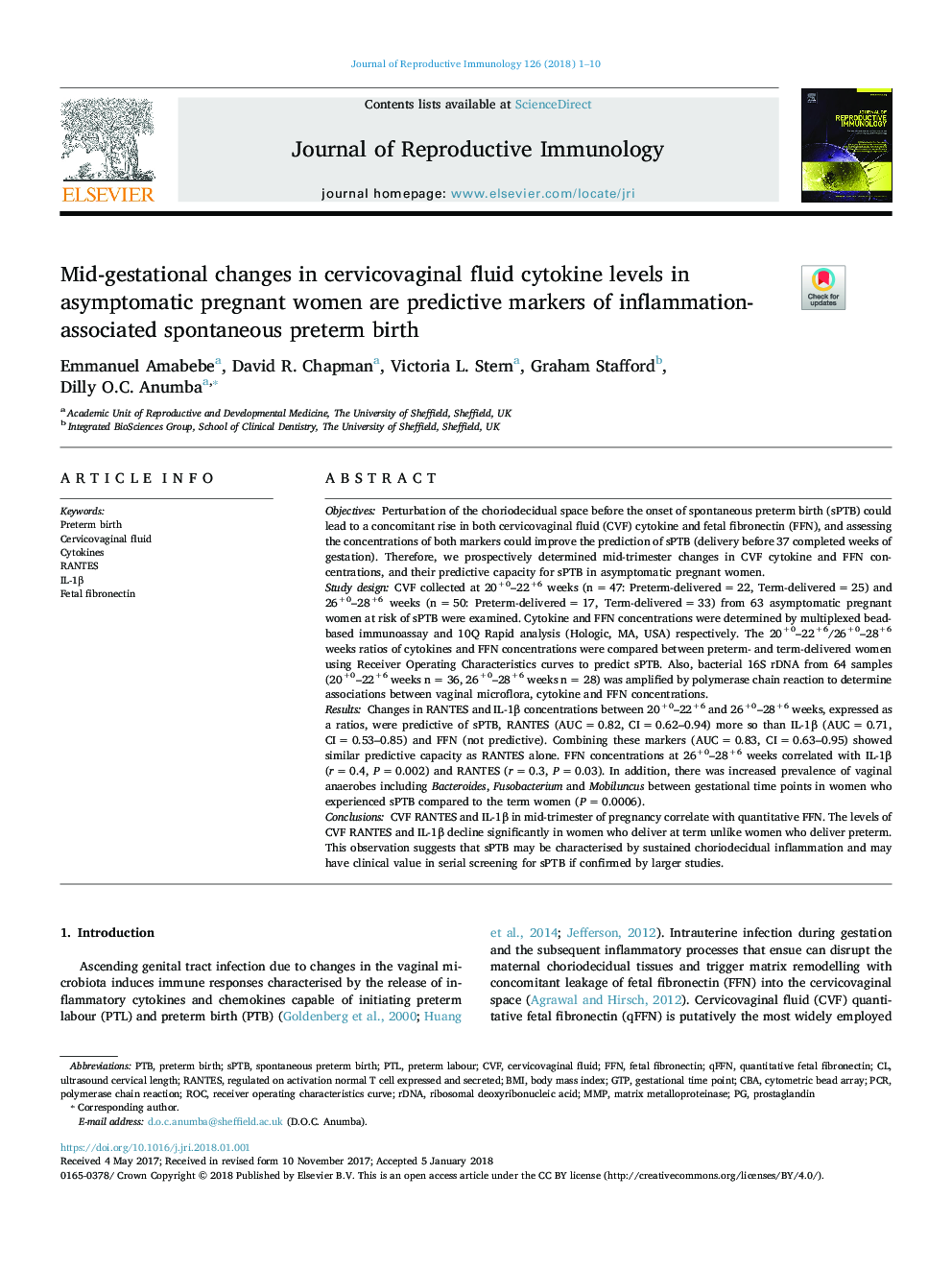 Mid-gestational changes in cervicovaginal fluid cytokine levels in asymptomatic pregnant women are predictive markers of inflammation-associated spontaneous preterm birth