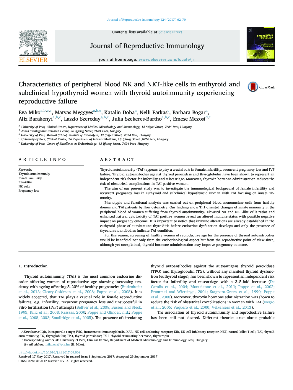 Characteristics of peripheral blood NK and NKT-like cells in euthyroid and subclinical hypothyroid women with thyroid autoimmunity experiencing reproductive failure