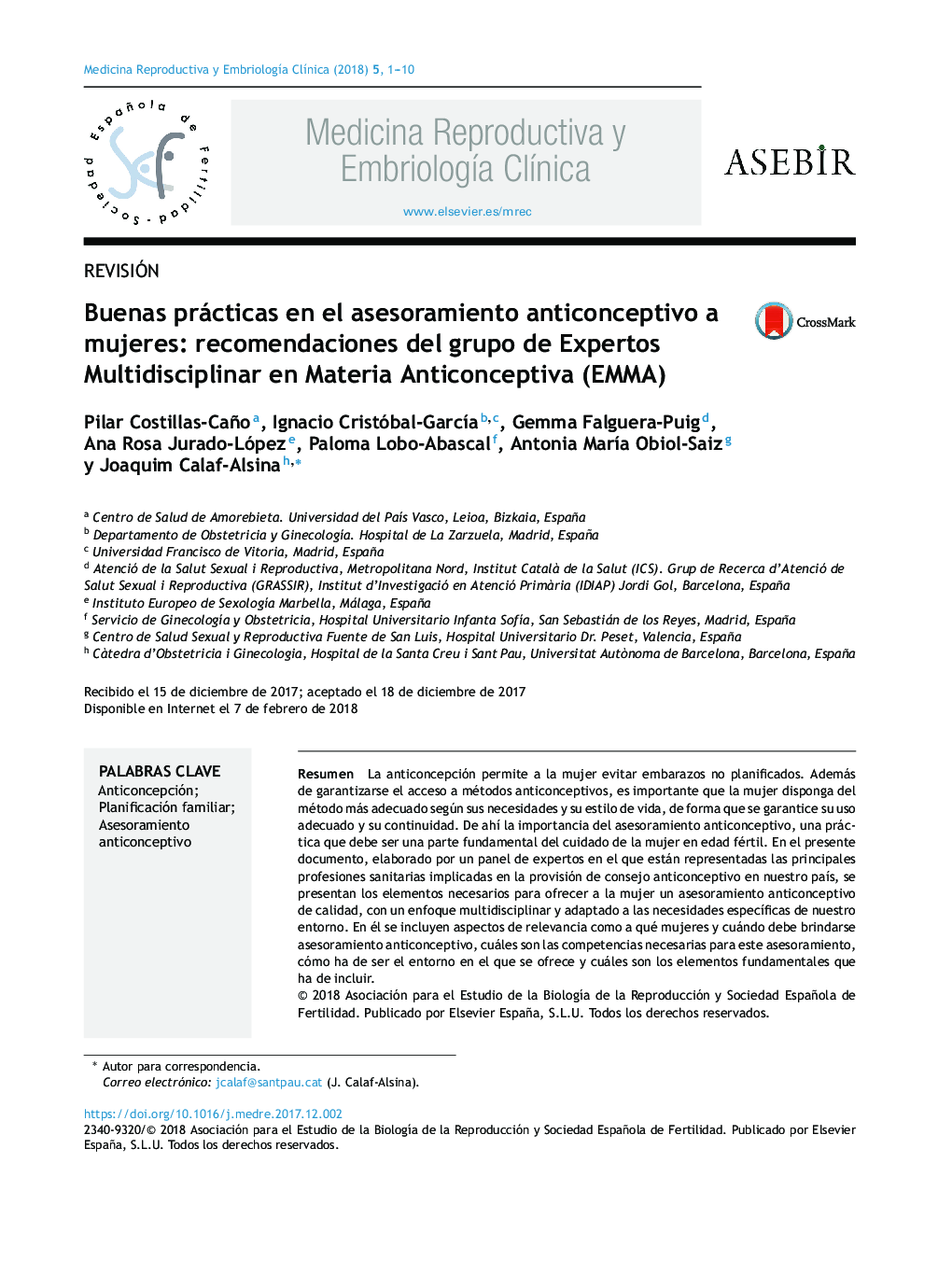 Buenas prácticas en el asesoramiento anticonceptivo a mujeres: recomendaciones del grupo de Expertos Multidisciplinar en Materia Anticonceptiva (EMMA)