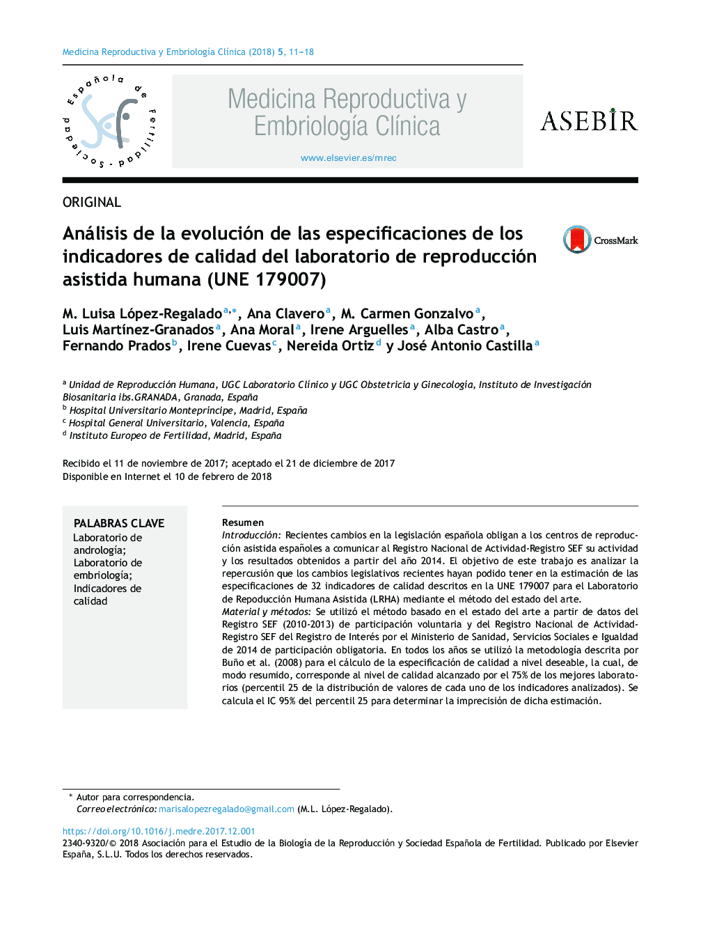 Análisis de la evolución de las especificaciones de los indicadores de calidad del laboratorio de reproducción asistida humana (UNE 179007)