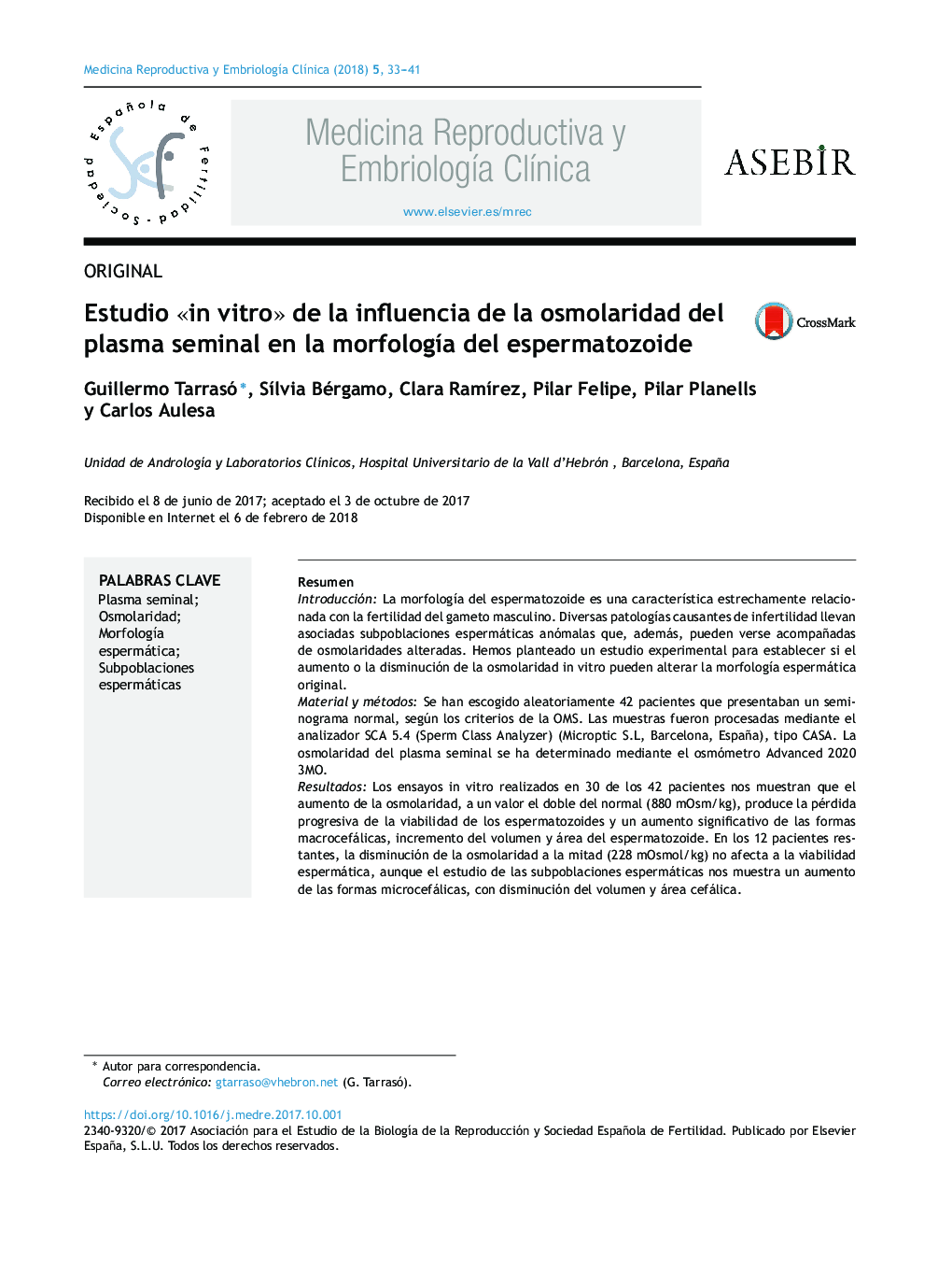 Estudio Â«in vitroÂ» de la influencia de la osmolaridad del plasma seminal en la morfologÃ­a del espermatozoide