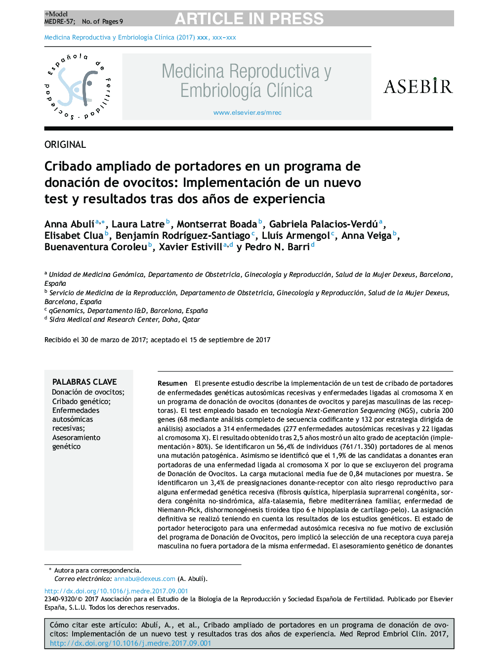 Cribado ampliado de portadores en un programa de donación de ovocitos: Implementación de un nuevo test y resultados tras dos años de experiencia