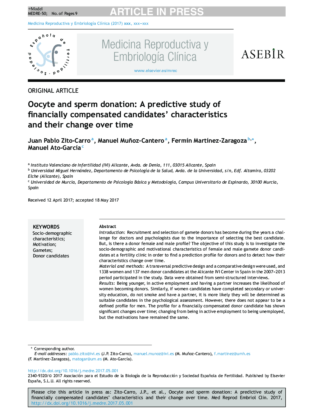 Oocyte and sperm donation: A predictive study of financially compensated candidates' characteristics and their change over time