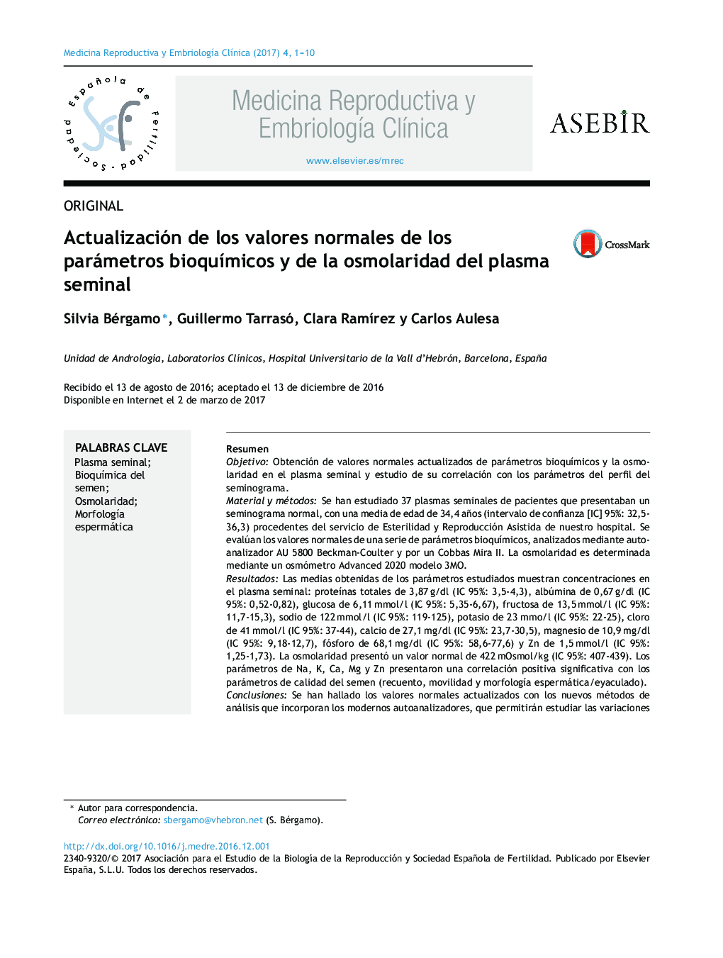 Actualización de los valores normales de los parámetros bioquÃ­micos y de la osmolaridad del plasma seminal