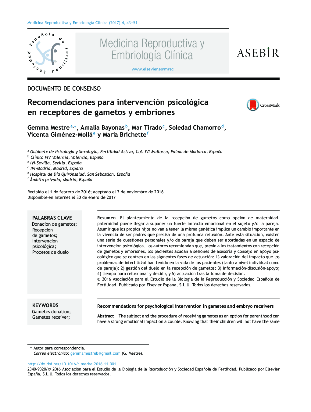 Recomendaciones para intervención psicológica en receptores de gametos y embriones