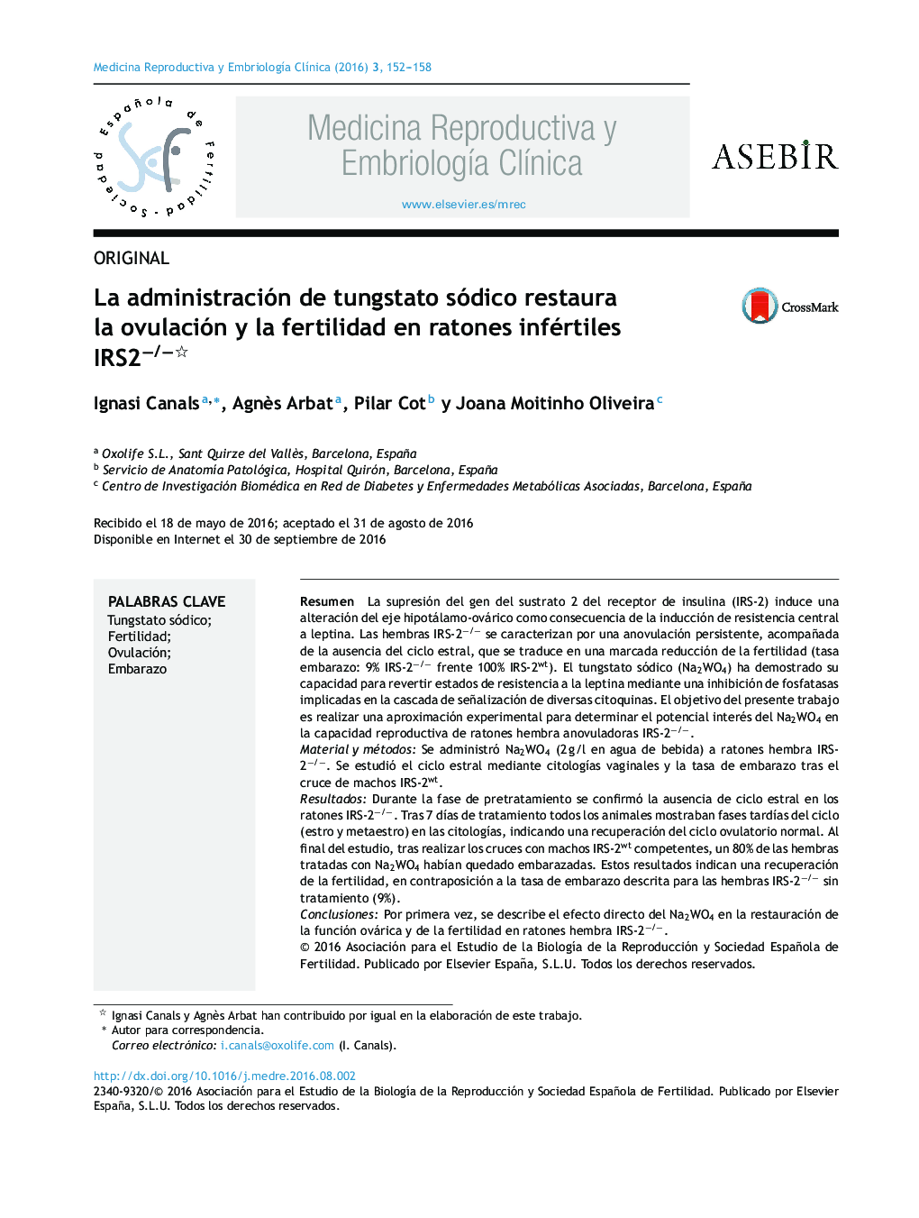 La administración de tungstato sódico restaura la ovulación y la fertilidad en ratones infértiles IRS2â/â