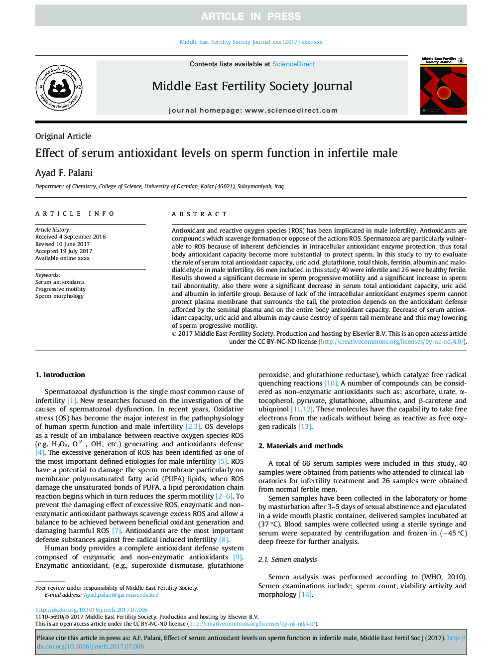 Effect of serum antioxidant levels on sperm function in infertile male