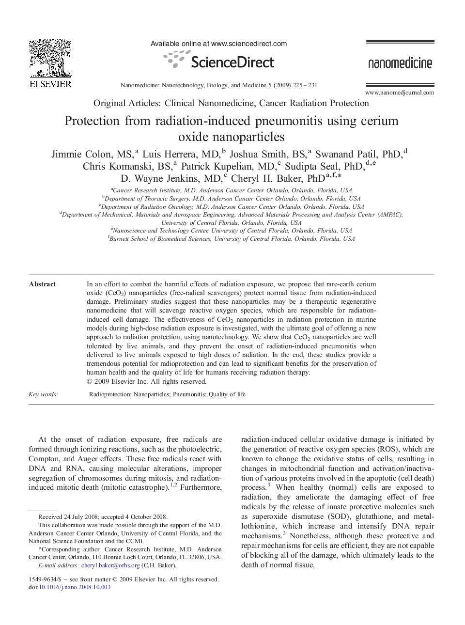 عکس صفحه اول مقاله: Protection from radiation-induced pneumonitis using cerium oxide nanoparticles Protection from radiation-induced pneumonitis using cerium oxide nanoparticles