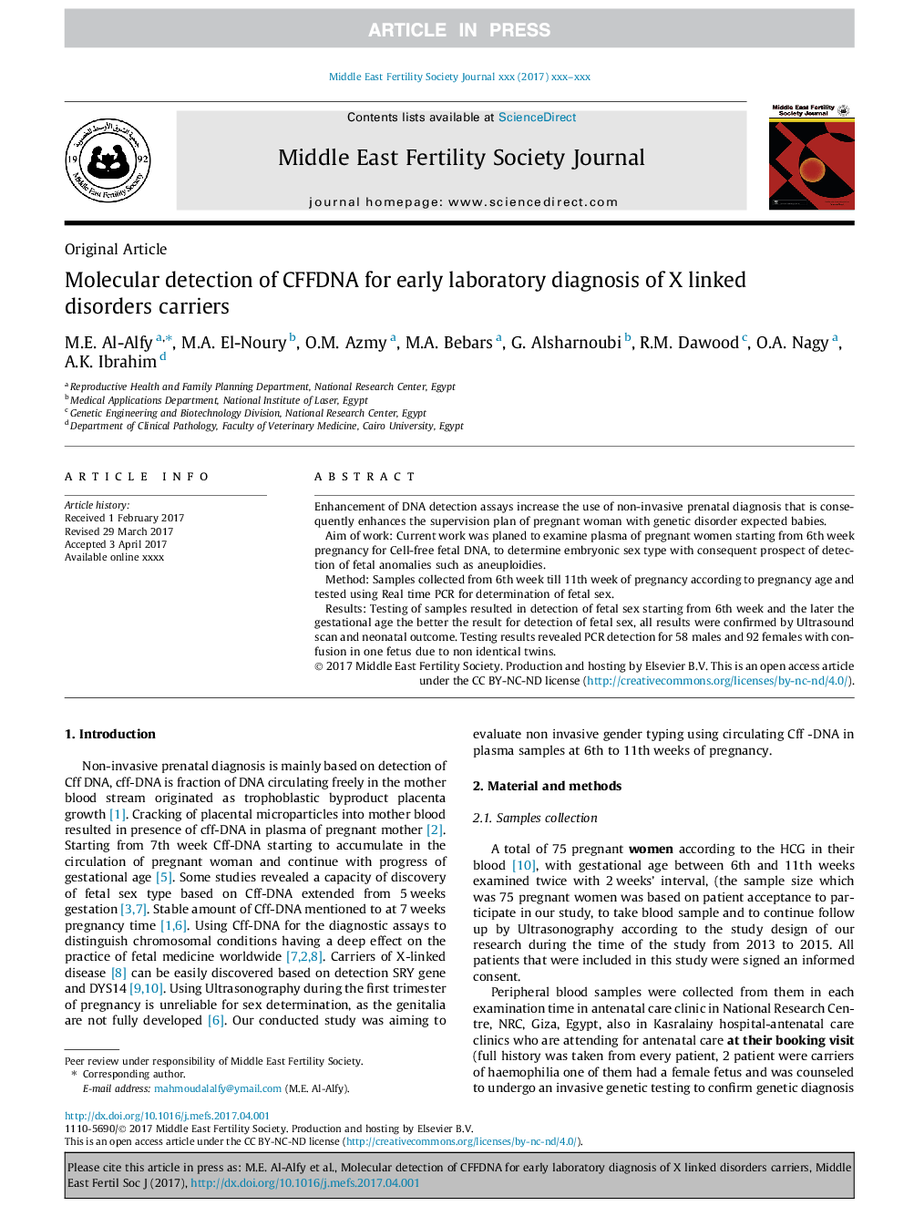 Molecular detection of CFFDNA for early laboratory diagnosis of X linked disorders carriers