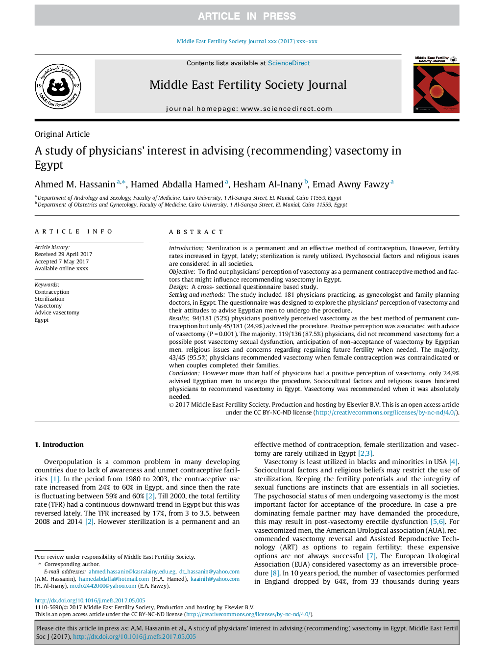 A study of physicians' interest in advising (recommending) vasectomy in Egypt