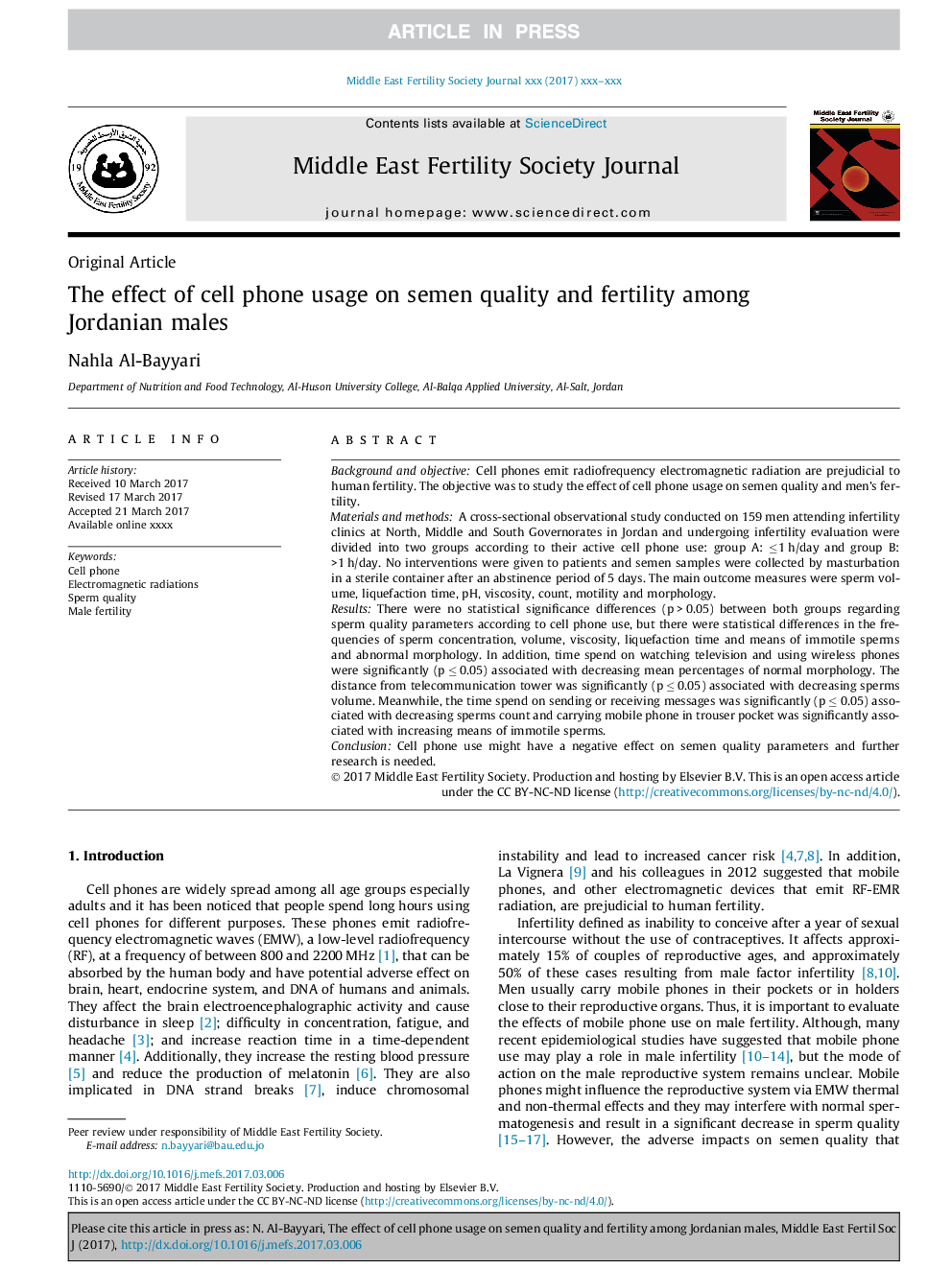 The effect of cell phone usage on semen quality and fertility among Jordanian males