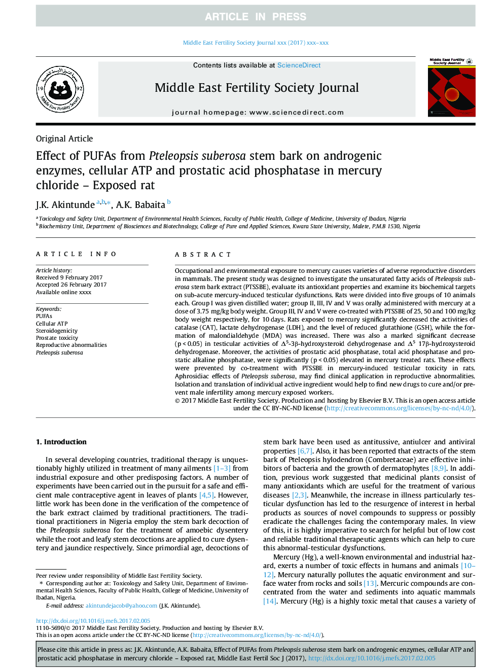 Effect of PUFAs from Pteleopsis suberosa stem bark on androgenic enzymes, cellular ATP and prostatic acid phosphatase in mercury chloride - Exposed rat