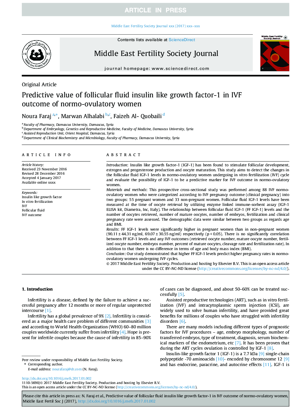 Predictive value of follicular fluid insulin like growth factor-1 in IVF outcome of normo-ovulatory women