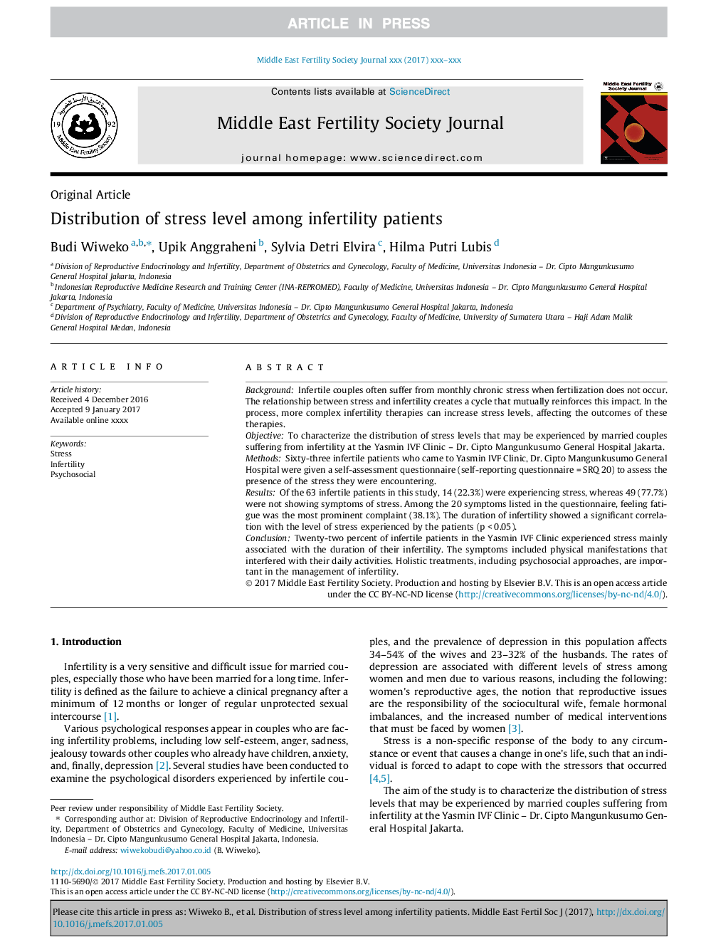 Distribution of stress level among infertility patients